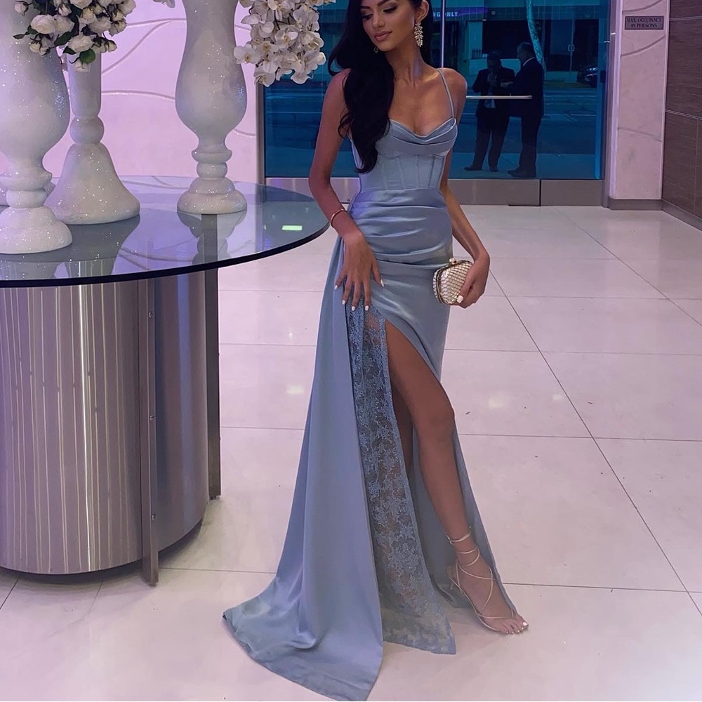 Custom baby blue evening gown with slit